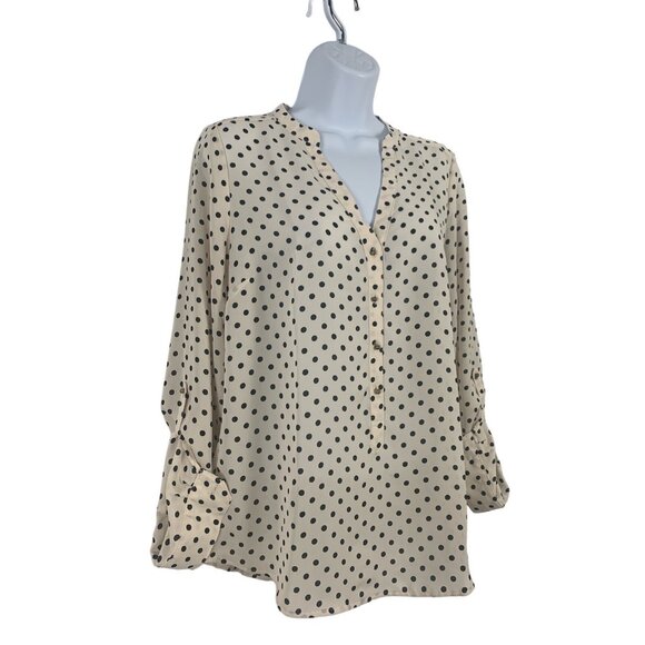 LC Lauren Conrad Button-Front Beige & Black Polka Dot Blouse Rolled Cuffs Medium - Picture 3 of 11
